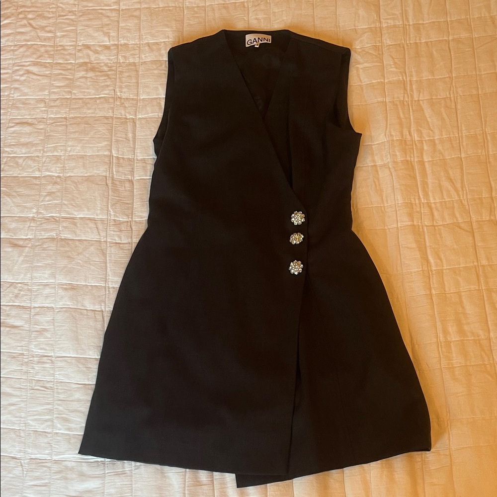 Ganni Black Sleeveless Wrap Mini Dress with Rhinestone Buttons